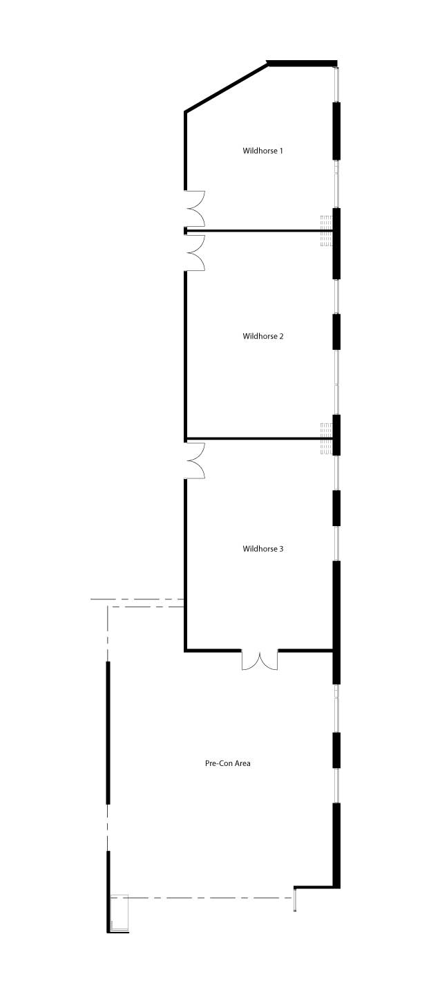 Floorplan of Wildhorse rooms. The layout shows a long, narrow design with three meeting rooms and a pre-conference area. The rooms are arranged linearly from top to bottom.