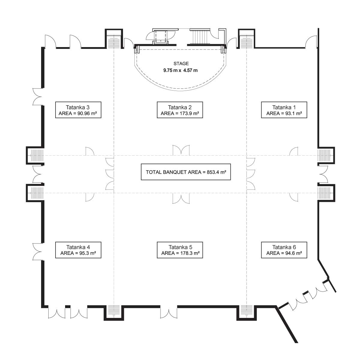 Tatanka meeting room floorplan depicts a large event space divided into six areas labeled Tatanka 1 through Tatanka 6, with their respective square meter areas listed. There's a stage area at the top measuring 9.75m x 4.57m. The total banquet area is listed as 853.4 m². The layout includes markers for doors, walls, and other architectural features. 